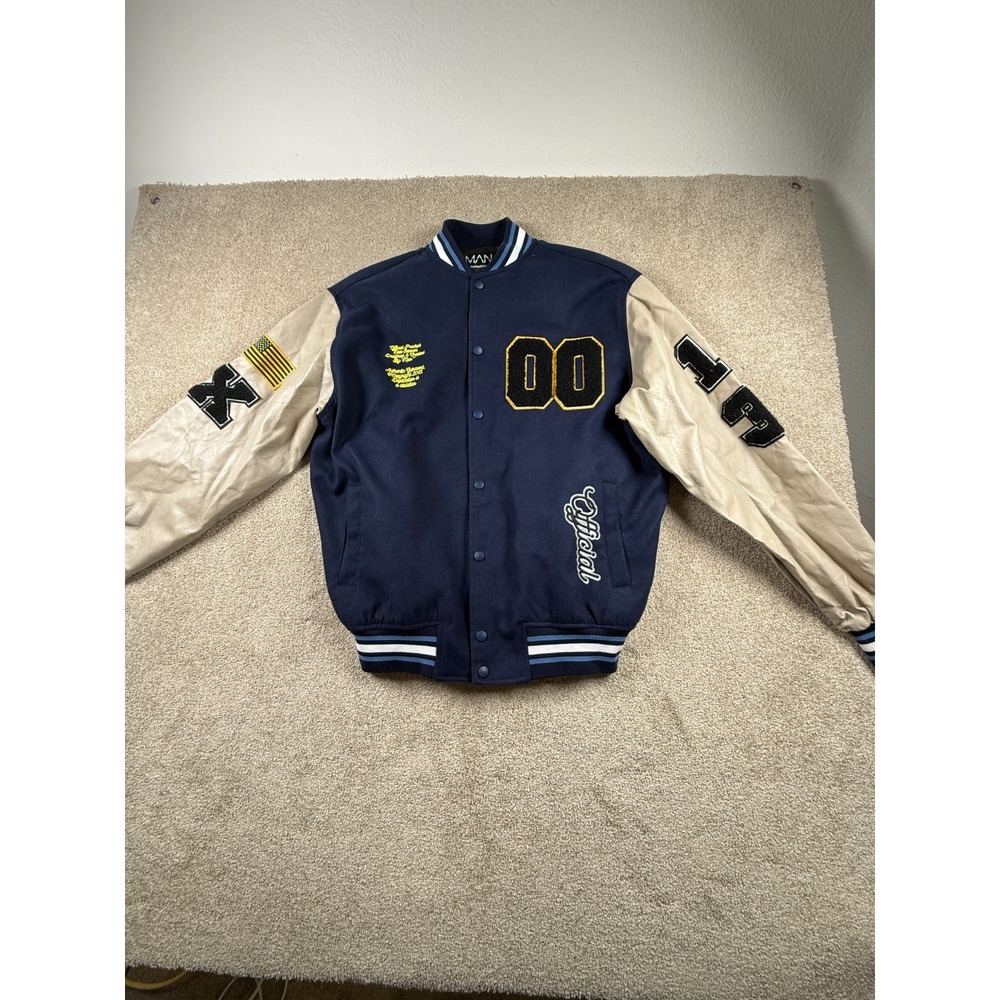 Boohooman Varsity Jacket Mens Medium Navy Blue‎ USA Flag X Patches Snap Button